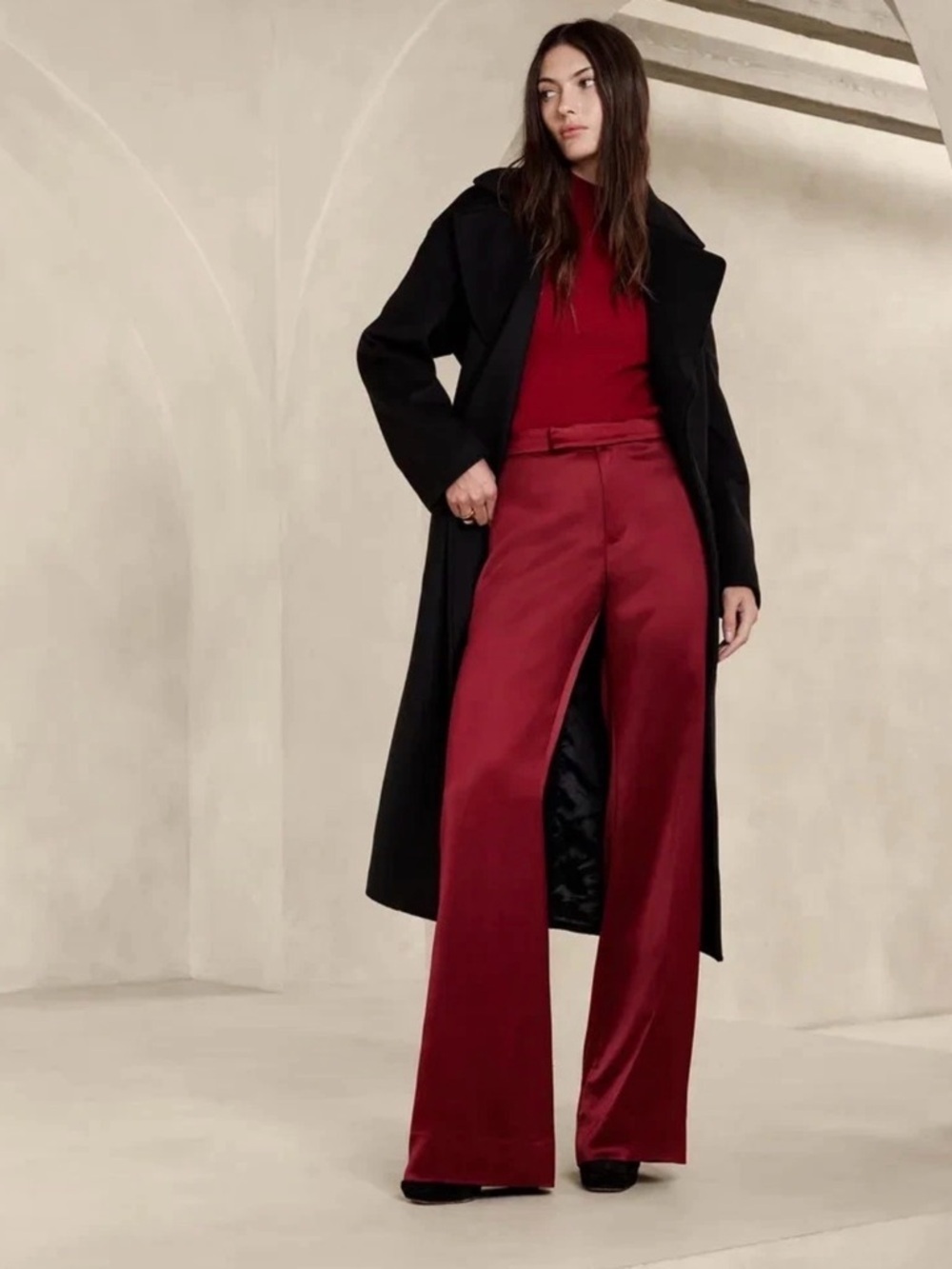 NWT Banana Republic Maite Satin Wide Leg Burgandy Red Pant Sz 14.